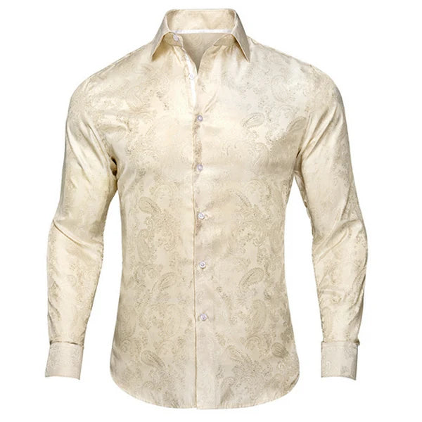 Single Paisley Long Sleeve Shirt Men, Pink or Apricot or White, Loose Collared Button Top For Daily Casual Outfit Qme DPTH-CYDJ1030 XL