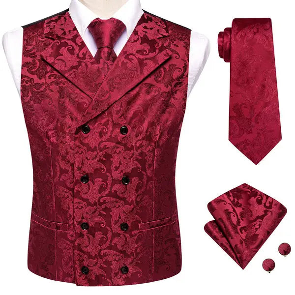 Mens Double Breasted Half Notch Lapel Waistcoat Formal Floral Qme HT-MJTZ0087 XL