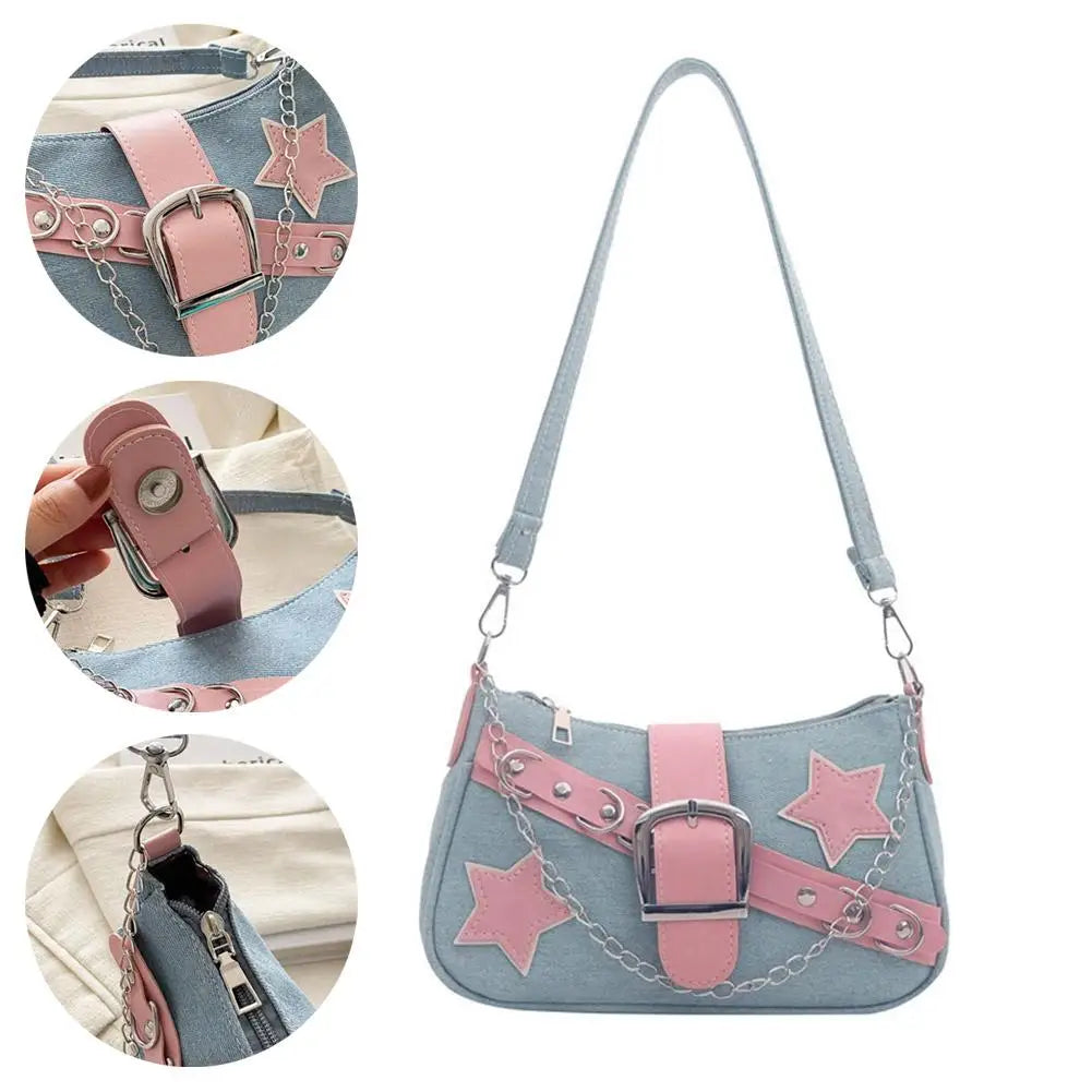Fashion Women's Handbags Denim Stars Pattern Cool Girls Underarm Bag Female Small Shoulder Hobo Bags Chain Tote Bag Qme