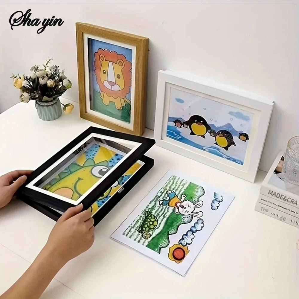 Flip Up Wooden Photo Frame, Magnetic Suction Frame, A4 Children's Photo Frame, Storage Frame, Art Work Certificate Frame Qme
