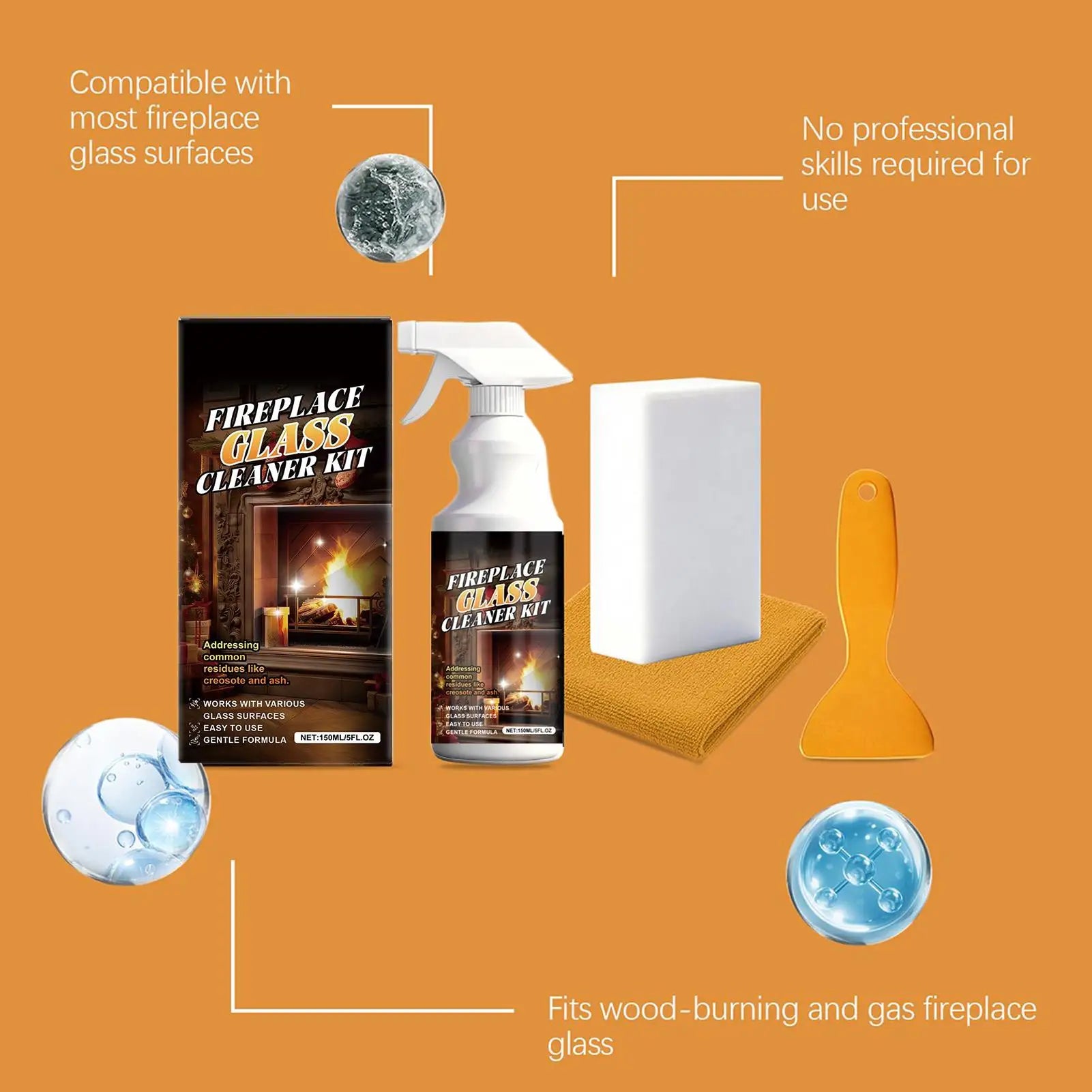 Fireplace Glass Cleaner Heavy-Duty Cleaning Agent 150ml Fireplace Glass Hearth Cleaner for Steel Grates Screen Brick Tile Marble Qme