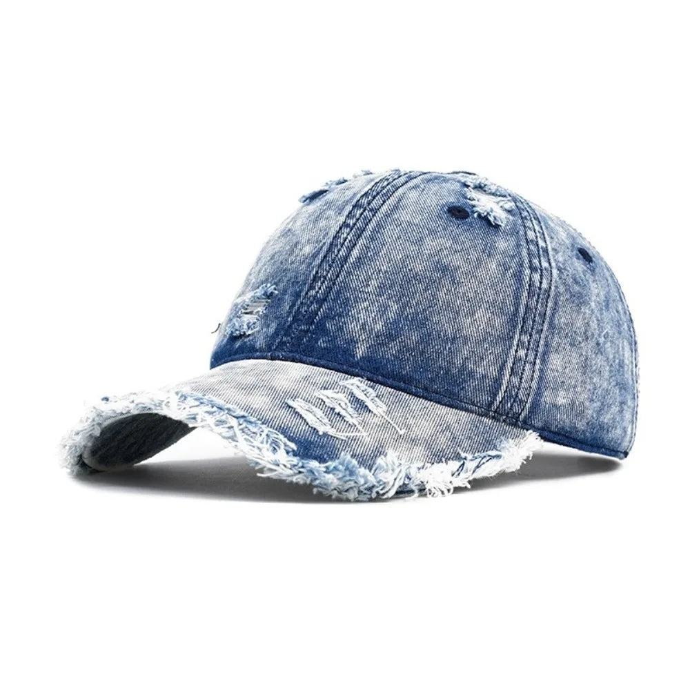 Vintage Washed Denim Baseball Cap Distressed Ripped Fringe Frayed Qme Blue
