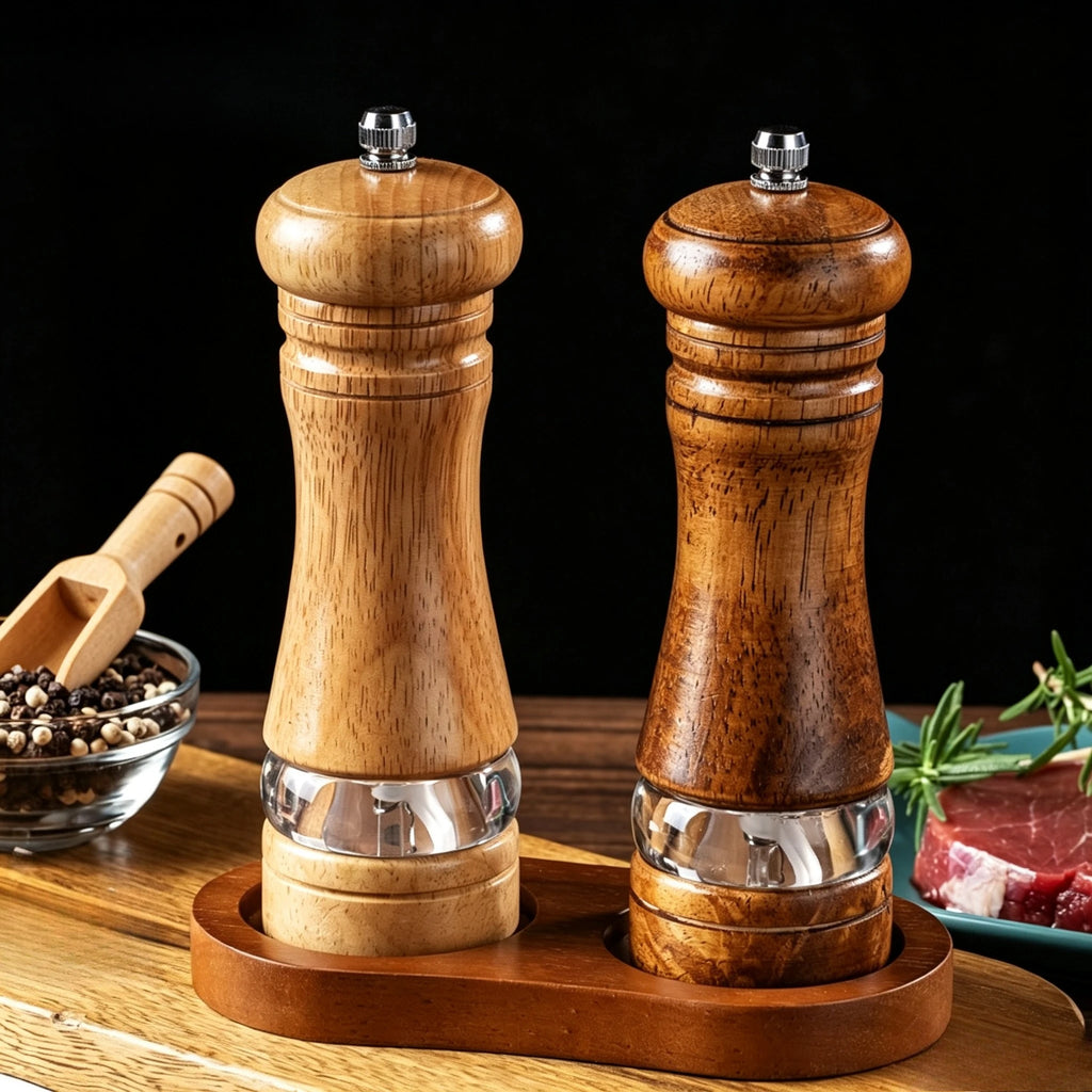 A 6 Inch Acrylic Pepper Mill Ceramic Core Grinder, Rubber Wood Double Hole Tray & Small Wood Spoon Spice Seasoning Set Qme