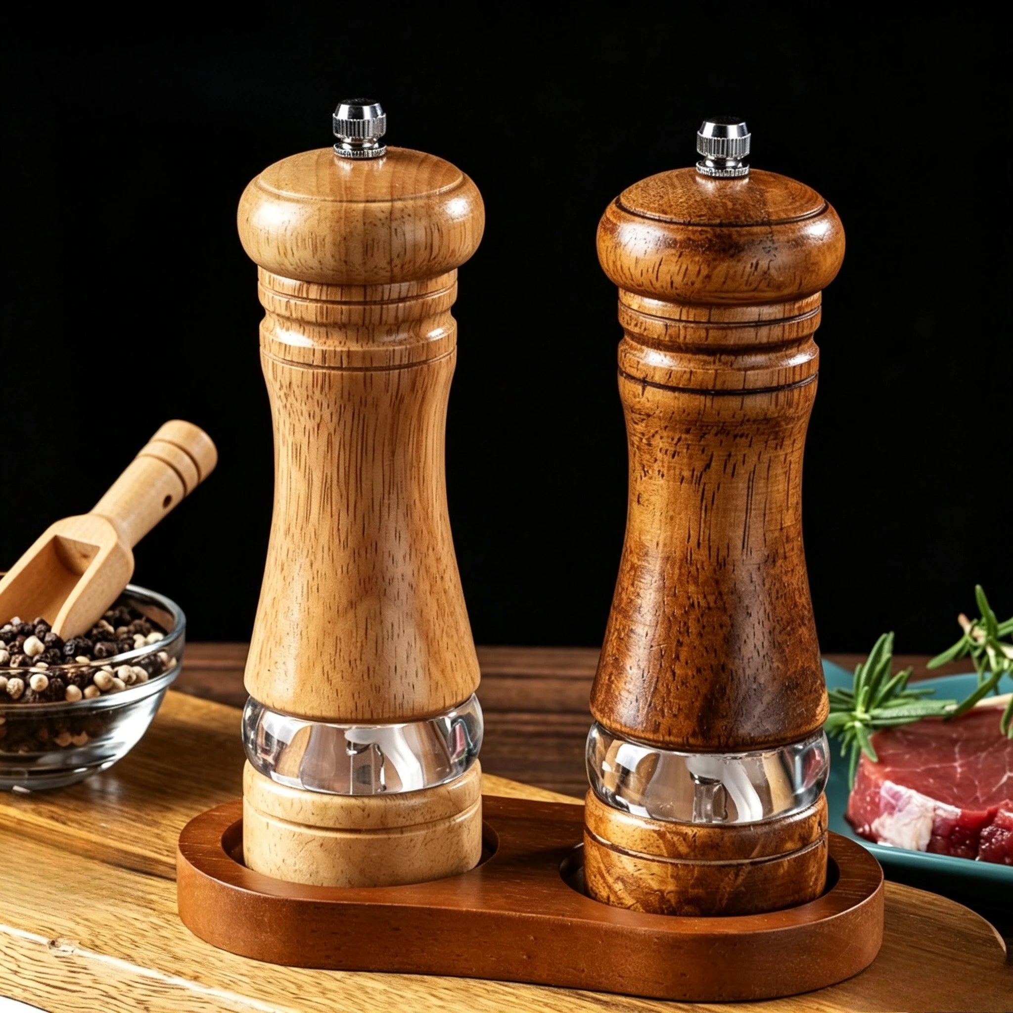 A 6 Inch Acrylic Pepper Mill Ceramic Core Grinder, Rubber Wood Double Hole Tray & Small Wood Spoon Spice Seasoning Set Qme