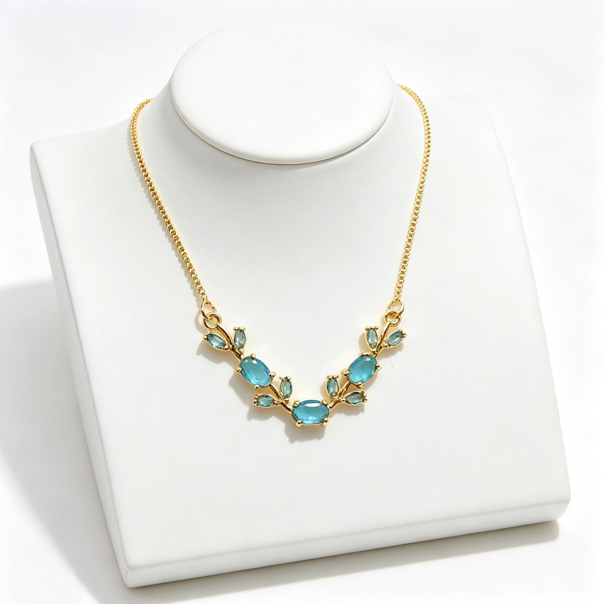 Light Luxury Pink Green Rhinestone Tulip Leaf Vine Flower Necklace Temperament Clavicle Chain Fashion Party Jewelry for Women Qme Blue 45cm