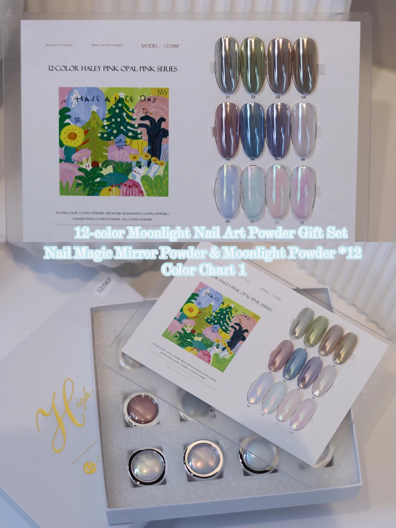 12-color Aurora Mermaid Moonlight Nail Art Powder Chart Includes Qme