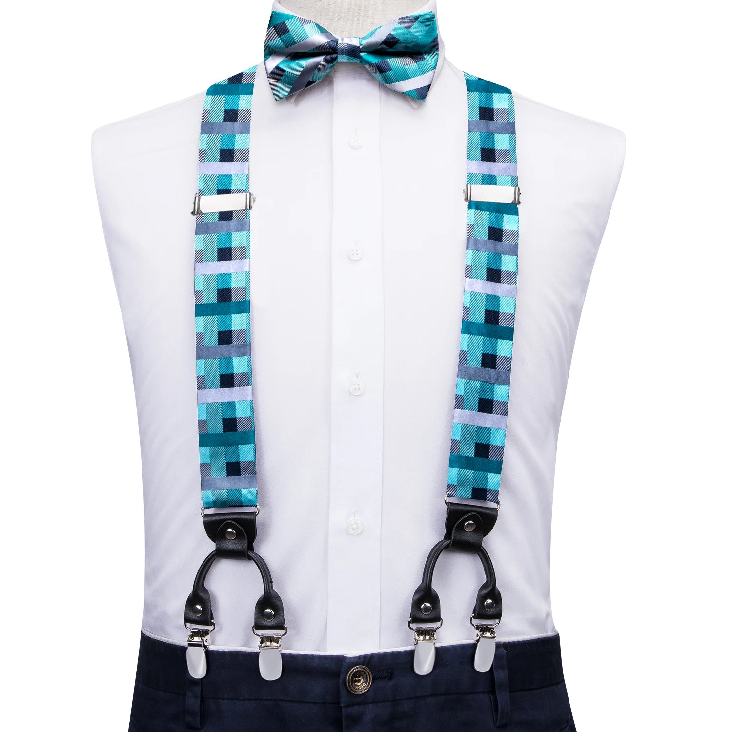 Silk Woven Mens Suspenders Bow Tie Hanky Cufflinks Strength 6 Clips Qme BD-3058