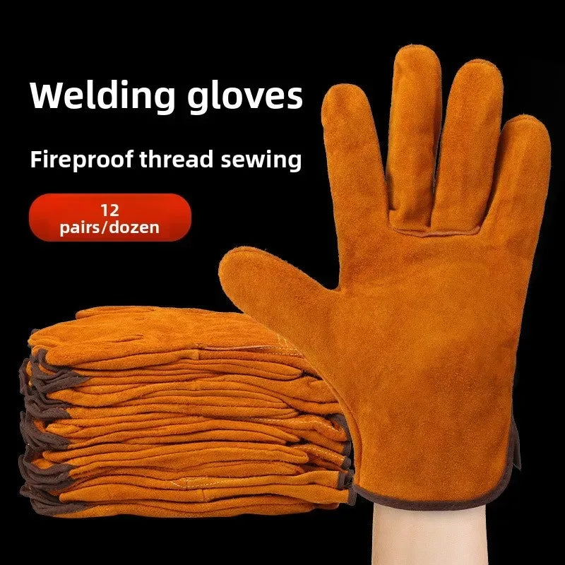 2 Pairs Genuine Cowhide Welding Gloves Heat Resistant Protective Work Gloves for Electric Arc TIG MIG Welding Qme Short-Yellow