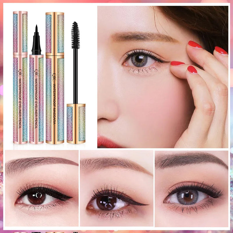 Black Mascara Liquid Eyeliner Set,5D Waterproof Fiber Colored Mascara Volume and Length,Longlasting Smudgeproof Eye Liner Pen Qme