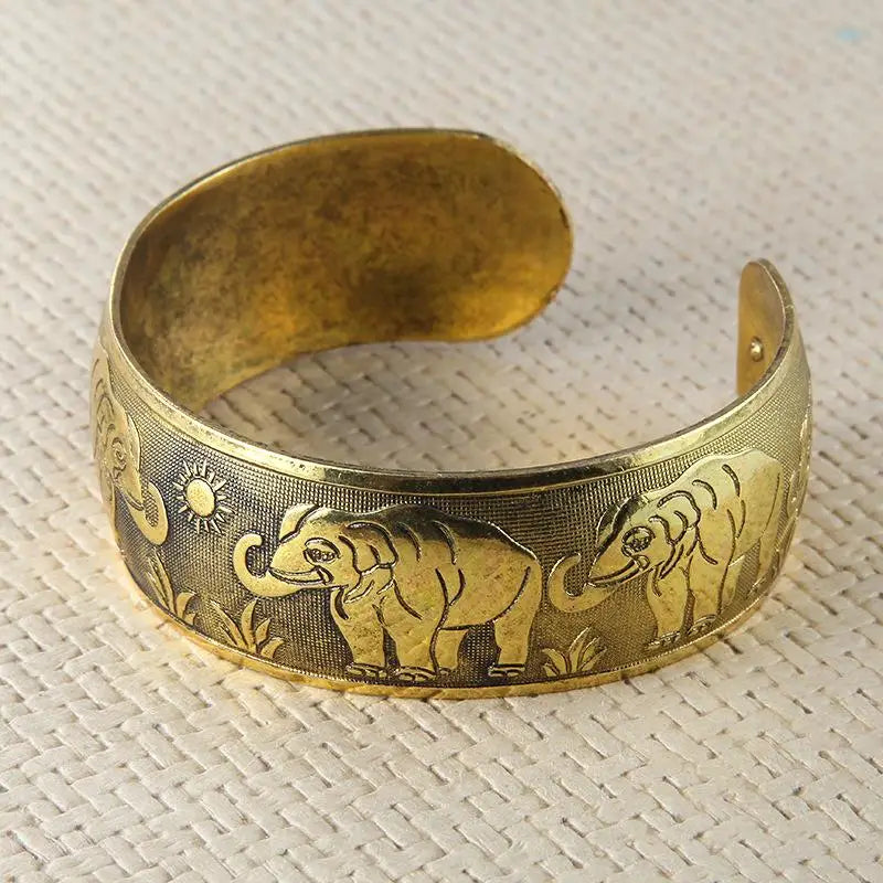 Vintage Gold-Tone Elephant Engraved Wide Cuff Bracelet Adjustable Boho Bangle For Women & Men Qme