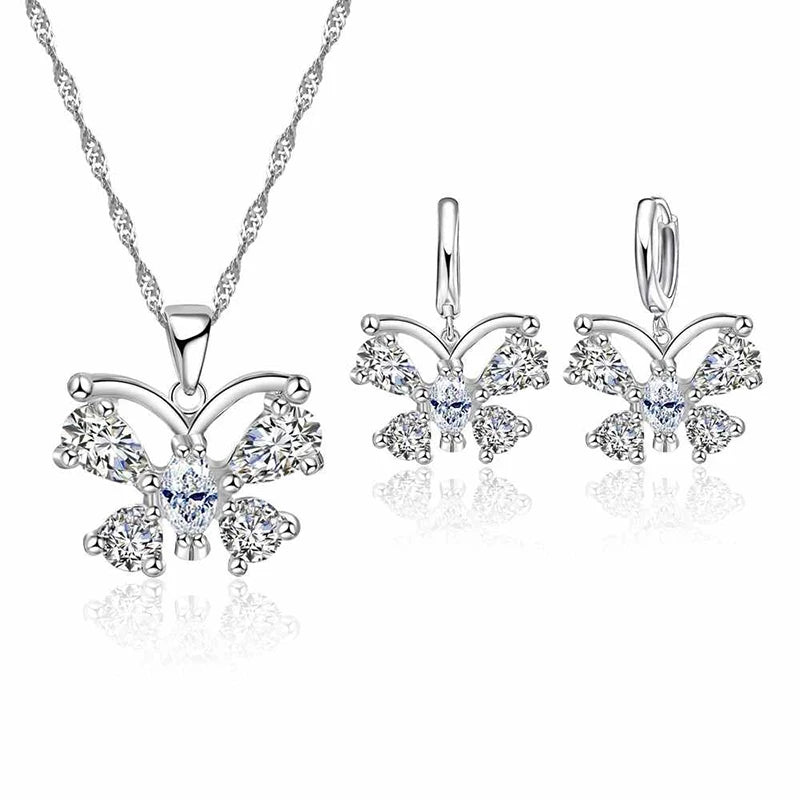 Exquisite Jewelry Sets Genuine 925 Sterling Silver Color Zircon Pendant Necklace Earrings for Women Crystal Bowknot Bijoux Qme Default Title