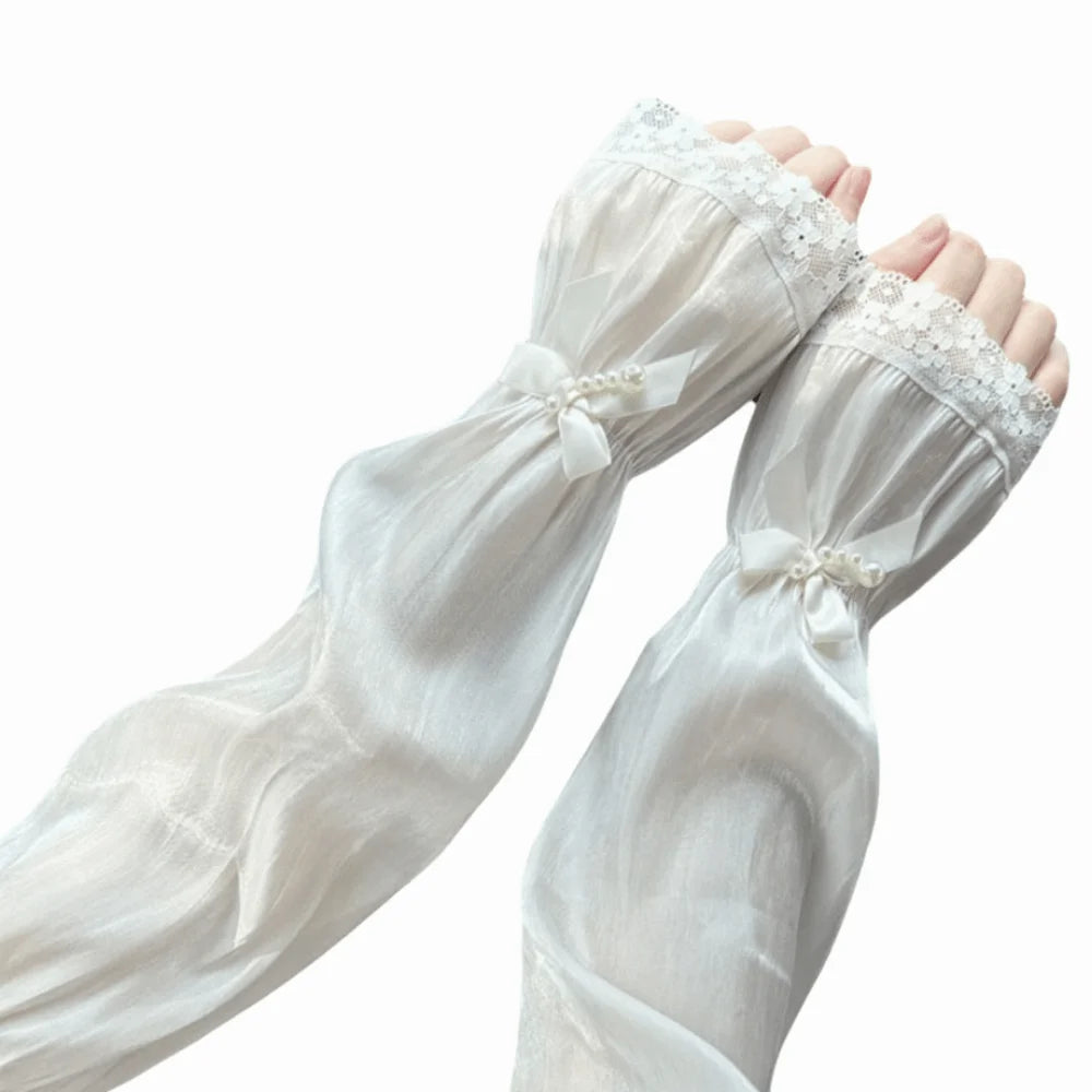 Breathable Sun Protection Sleeves Elegant Solid UV Elastic Long Lace Qme Beige