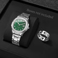 Men's Silver Watch Jewelry Set, 2Pcs Green Dial Arabic Numeral Watch + Cross Ring, Minimalist Casual Style Qme 2PCS No Box