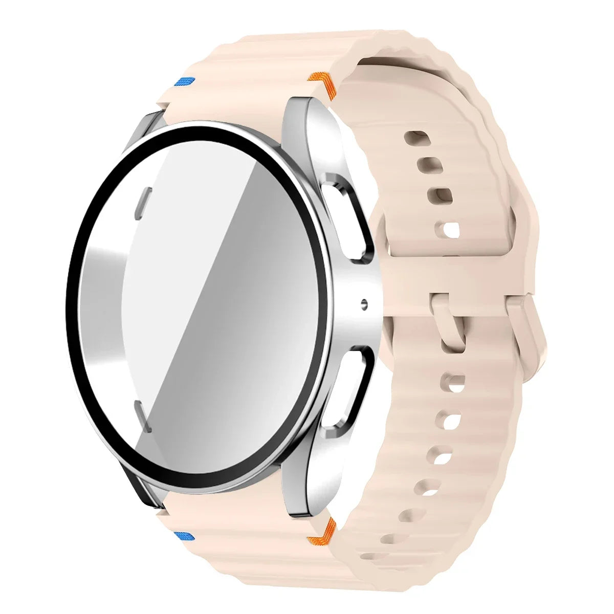 Original Silicone Band +Case for Samsung Watch 7 40mm 44mm Sport Bracelet For Galaxy Watch Strap 6 40mm 44mm Screen Protector Qme P Silver Galaxy Watch 6 40mm
