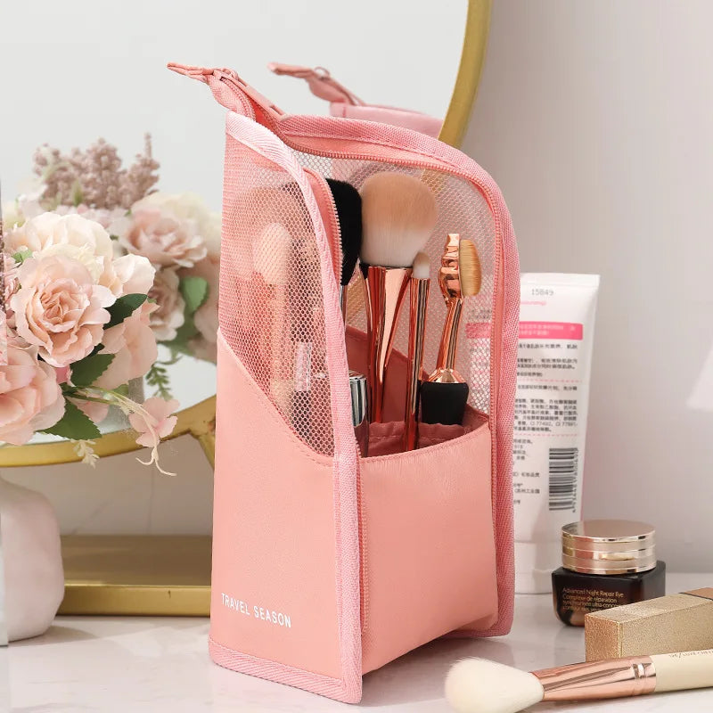 Stand Cosmetic Bag Women Clear Zipper Makeup Travel Female Brush Qme