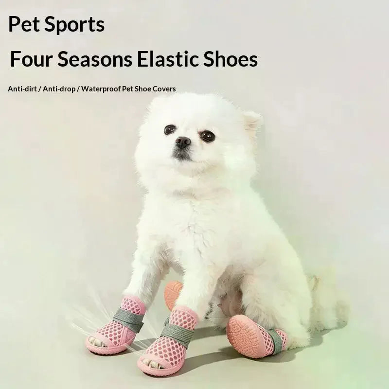 4Pcs/Set 4Pcs Cute Mesh Dog Shoes Summer Outdoor Anti-slip Cooling Dog Boots With Reflective Strap Breathable Puppy Shoes Pet Qme