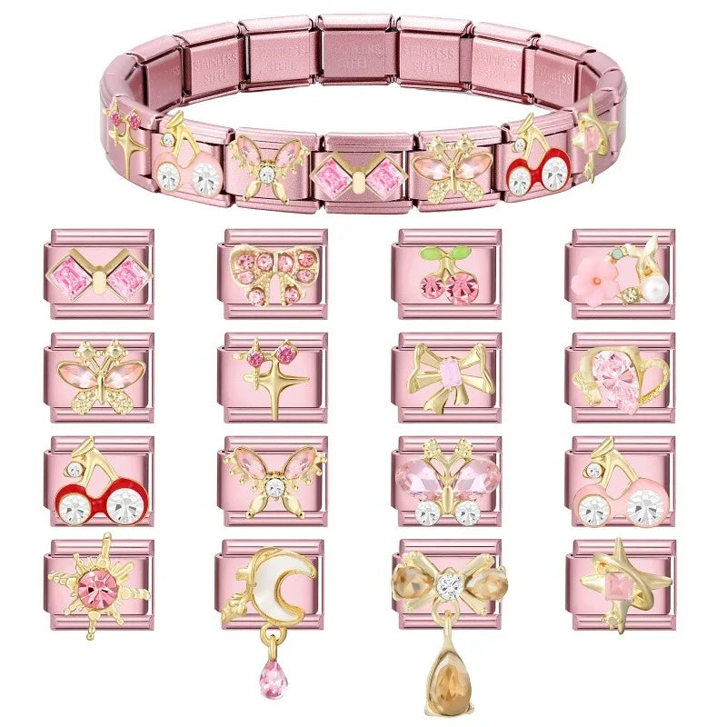 Shiny Colorful Zircon Bowknot Butterfly Garland Italian Charm Links Fit 9mm Stainless Steel Bracelet Women Y2K DIY Making Gift Qme