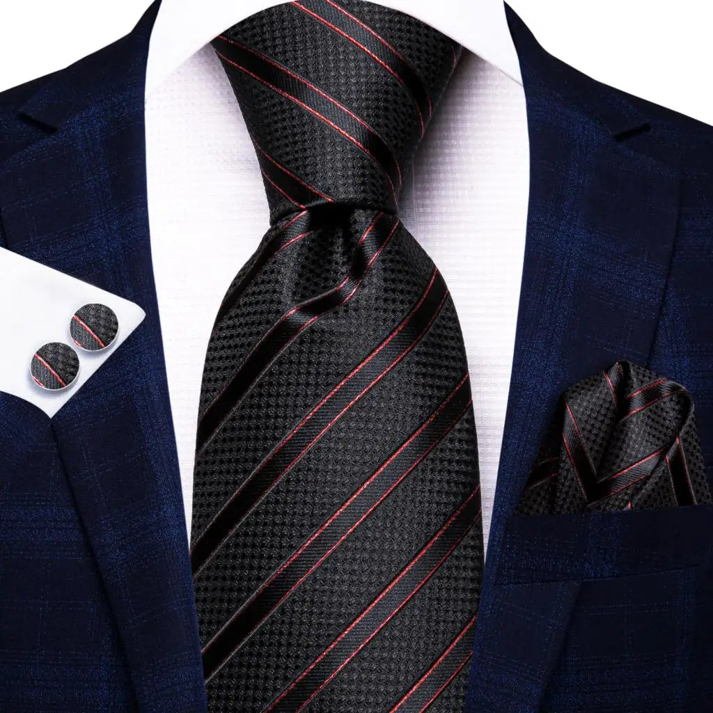 Hi-tie Men Fashion Striped Blue Necktie Handkerchief Cufflinks Tuxedo