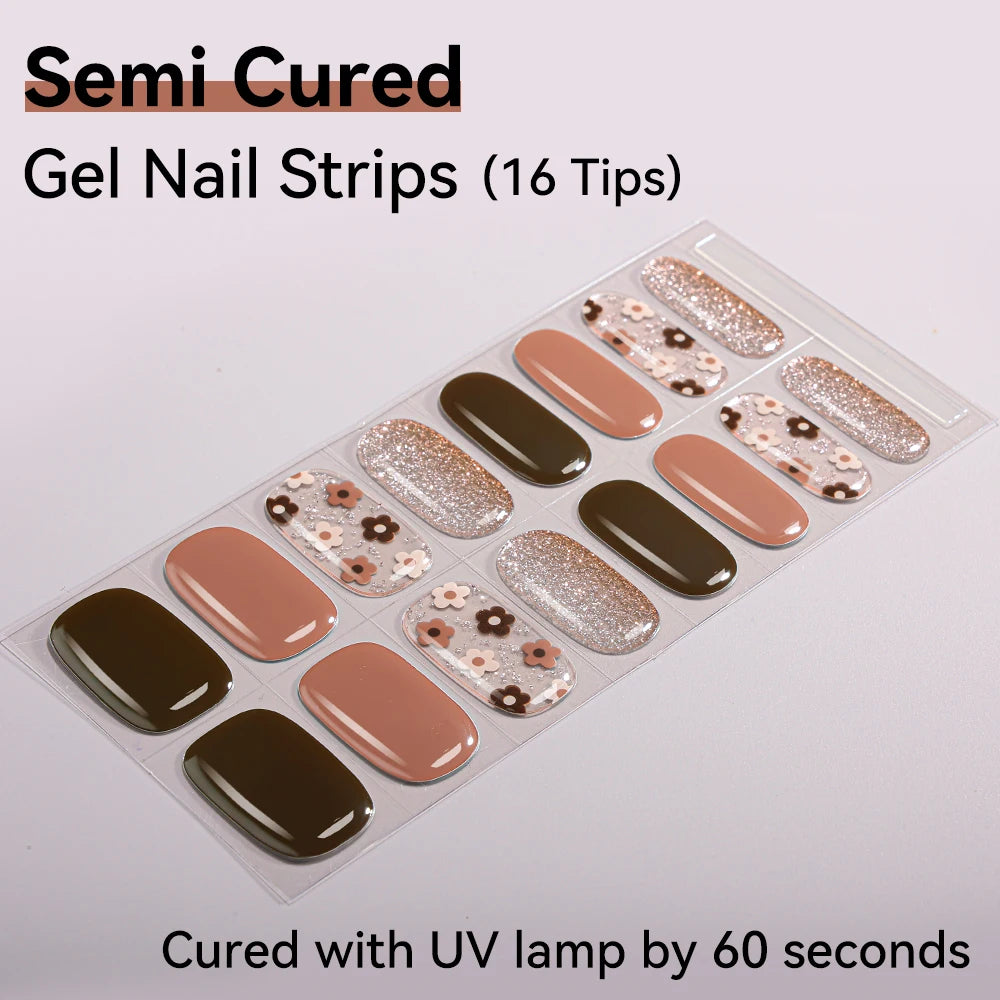 16Tips Semi-cured Gel Nail Sticker Colorful French Glitter UV LED Qme NF250032