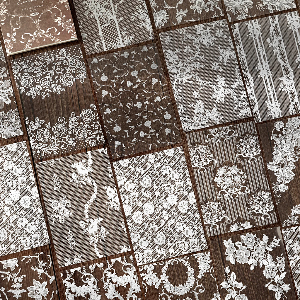 30Sheets/Bag Lace Theme PET Stickers for DIY Scrapbooking Collage Art Frame Laptop Phone Cup Luggage Guitar Skateboard Decal Qme