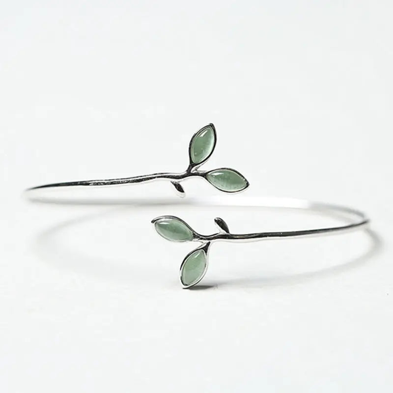 Simple 925 Silver Green Opal Leaf Bangle Minimalist Women Fashion Versatile Opening Adjustable Bracelet Jewelry Gift Wholesale Qme green