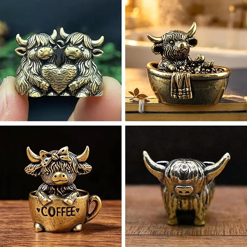 Handmade Vintage Highland Cow Figurine Solid Brass Mini Lucky Qme