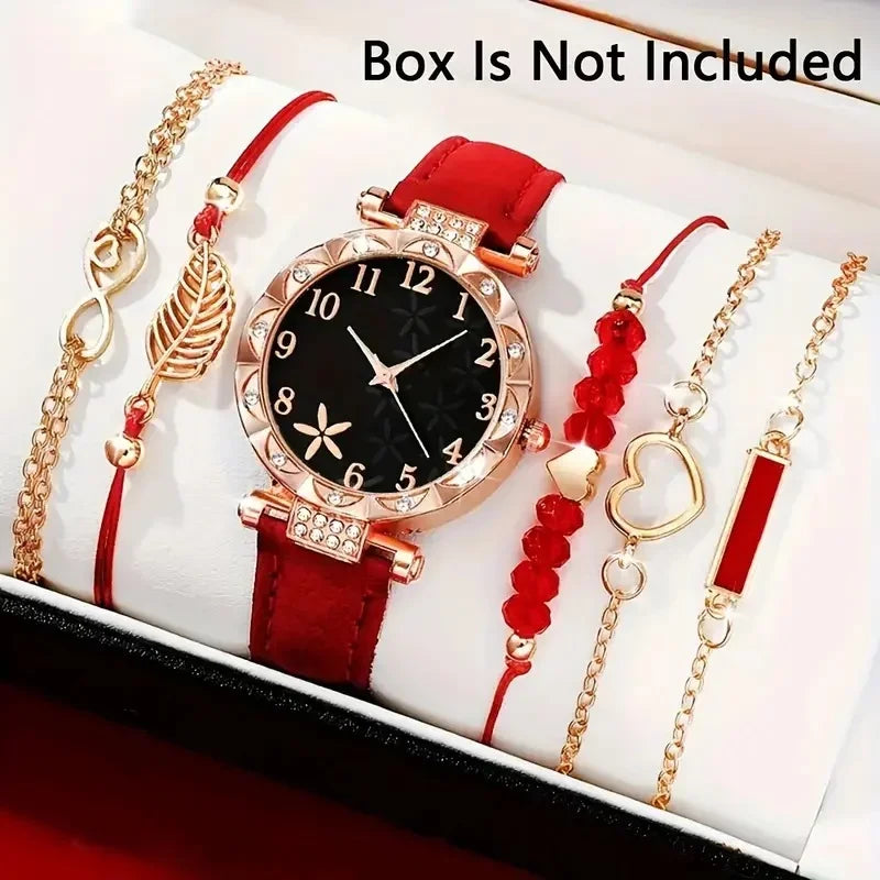 Conjunto de relógio de pulso analógico de couro feminino, pulseira de quartzo feminino, moda feminina, 6pcs Qme Boxes not included 6