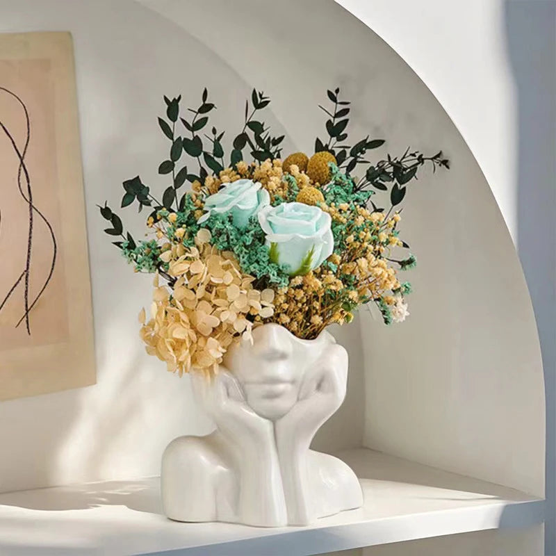 Ins Nordic Vinyl Vase Thinking Girl Shaping Art Flower Planter Qme