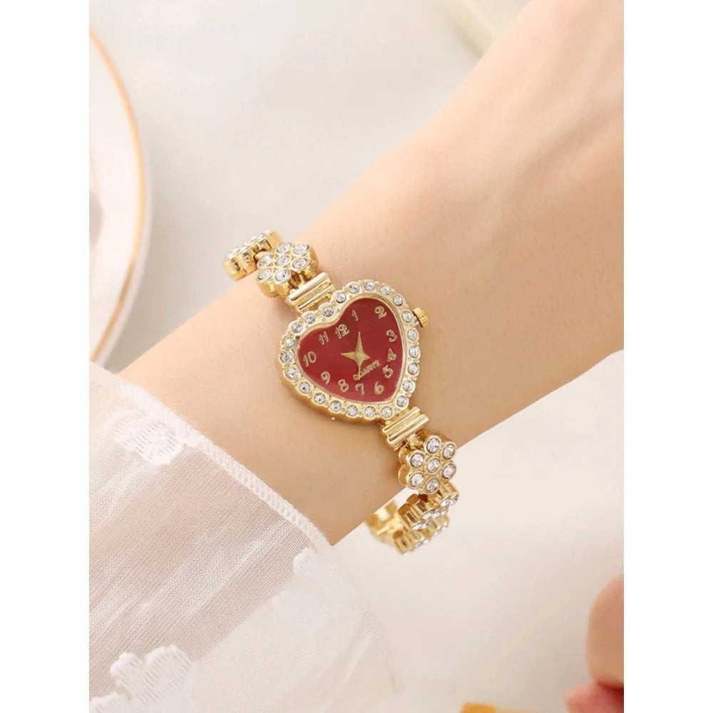 Flower shaped diamond inlaid heart-shaped women's watch, niche fashion, female student bracelet, quartz watch set Qme