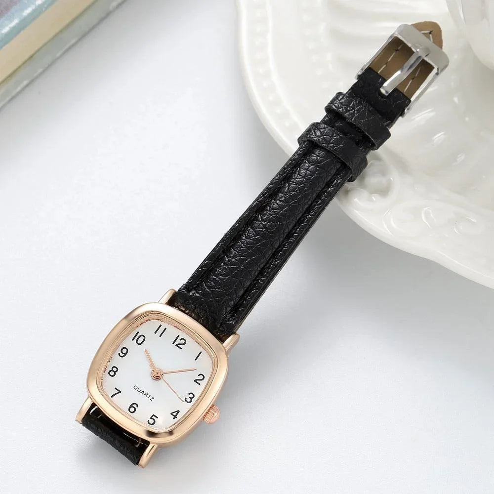 Kegllect Square Women Simple Small Dial Student Watches Vintage Belt Quartz Wristwatch Qme Black White No