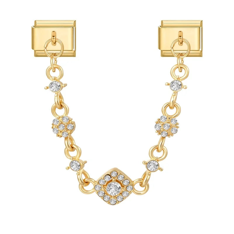 Retro Pearl Stars Moon Shiny Zircon Gold Color Chain Tassel Italian Charm Link Fit 9MM Stainless Steel Bracelet Women DIY Making Qme S 3