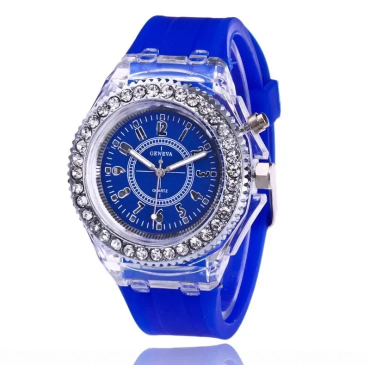 Luminous Round Digital Watches Solid Color Inlaid Rhinestone Sports Watch Couple Waterproof Wrist Watch Qme Blue