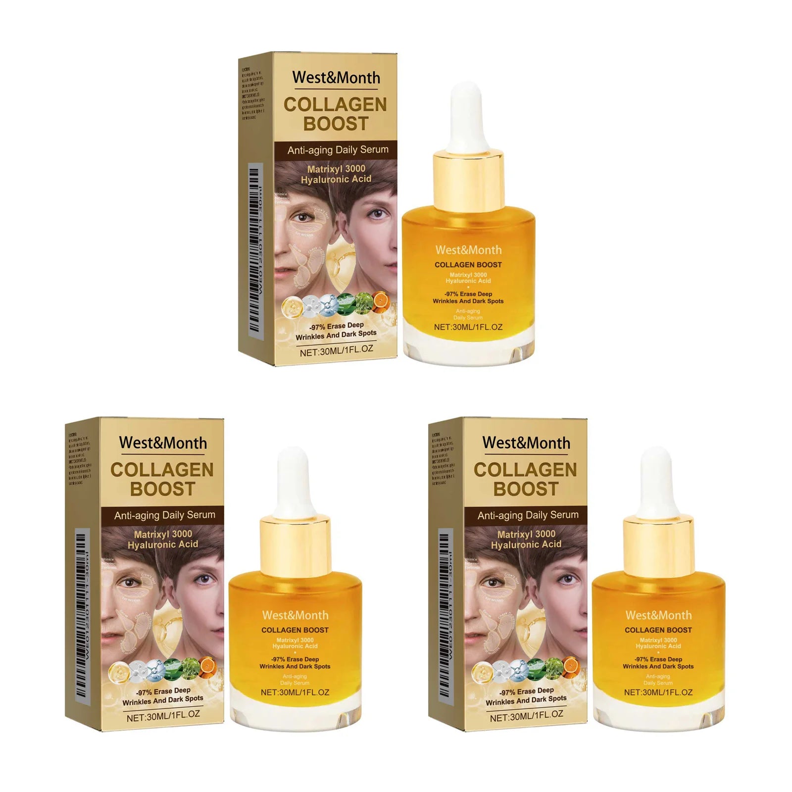 Collagen Face Serum Hydrating Tightening Smoothing Nourishing Brightening Face Skin Fade Fine Lines Anti-Aging Face Essence Qme 3 x 30ml Boxed