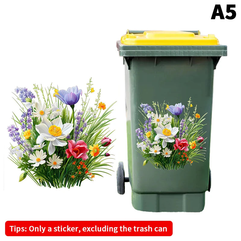 Trash Can Stickers Floral Wheel Self-adhesive Waterproof PVC Decals Qme A5