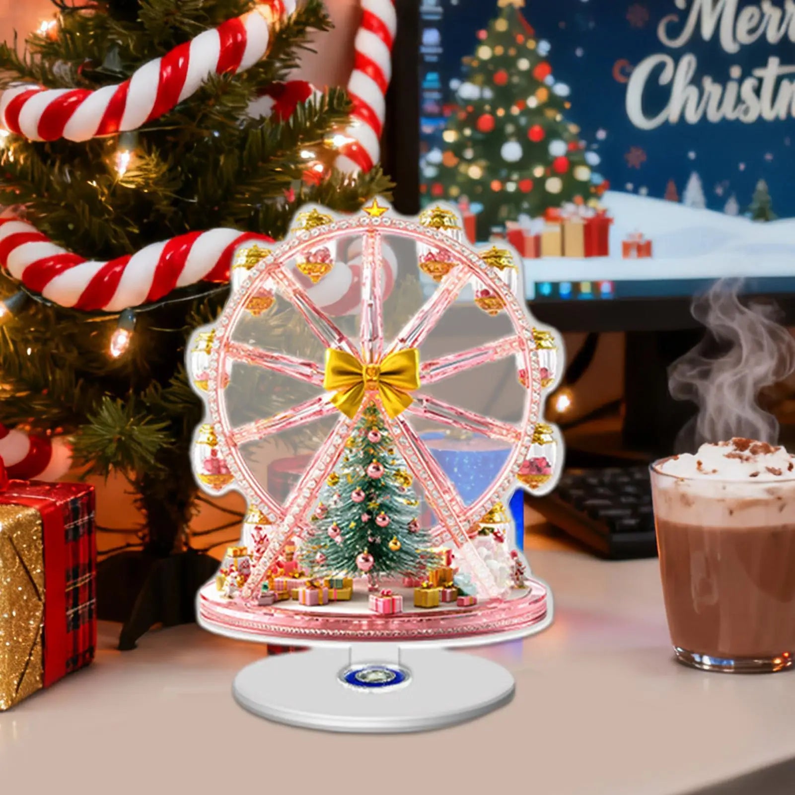 Christmas Table Decor 2D Vintage Ferris Wheels Rotating Base Tree Qme