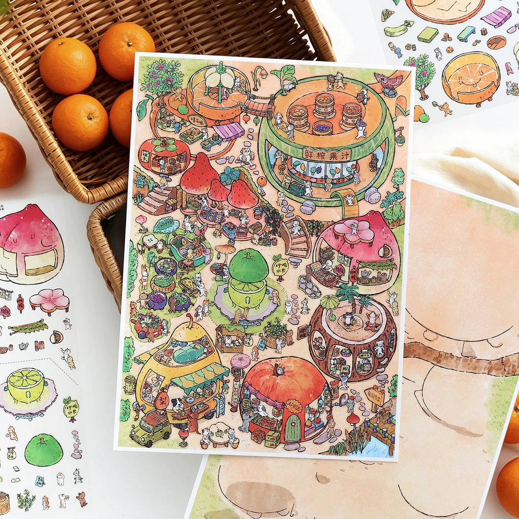 TIANZI 4/8 Pcs Scenes Cartoon Landscape Sticker DIY Cabin Scene Stacking and Pasting Hand Account Decompression Stationery Qme