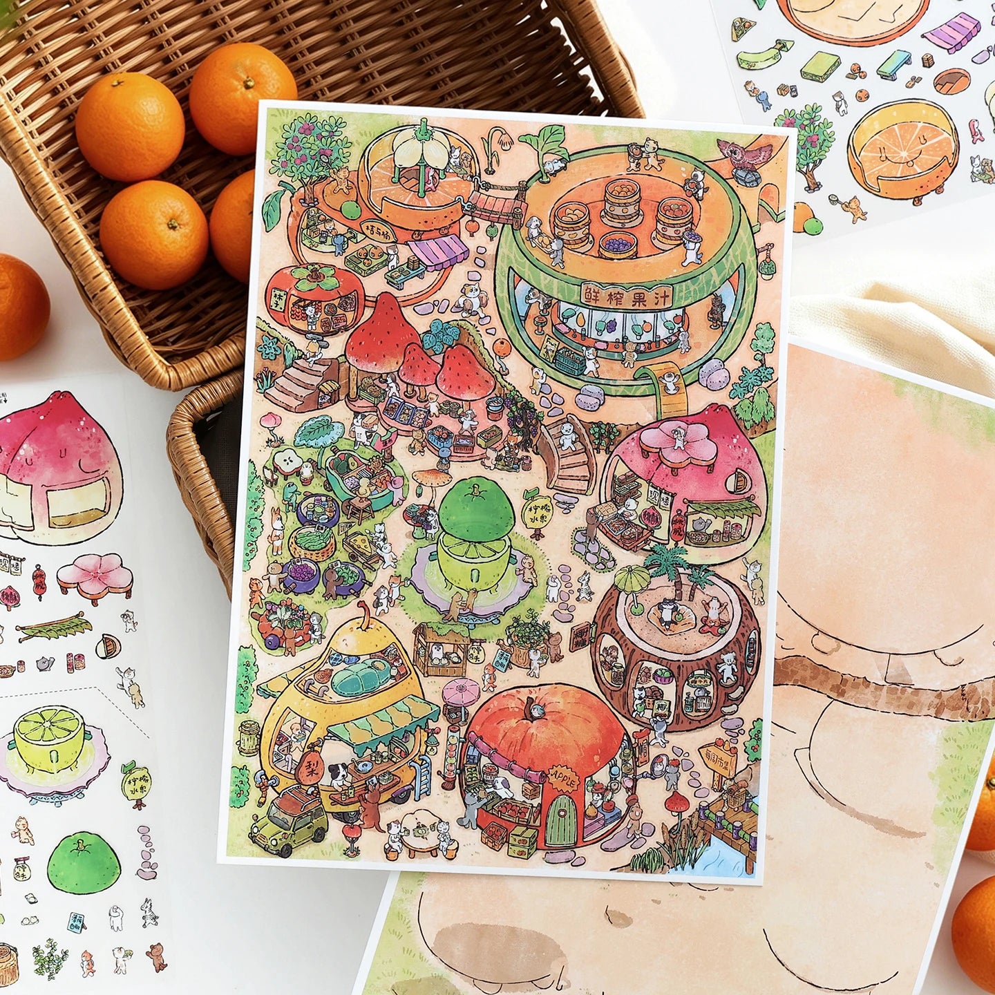 TIANZI 4/8 Pcs Scenes Cartoon Landscape Sticker DIY Cabin Scene Stacking and Pasting Hand Account Decompression Stationery Qme