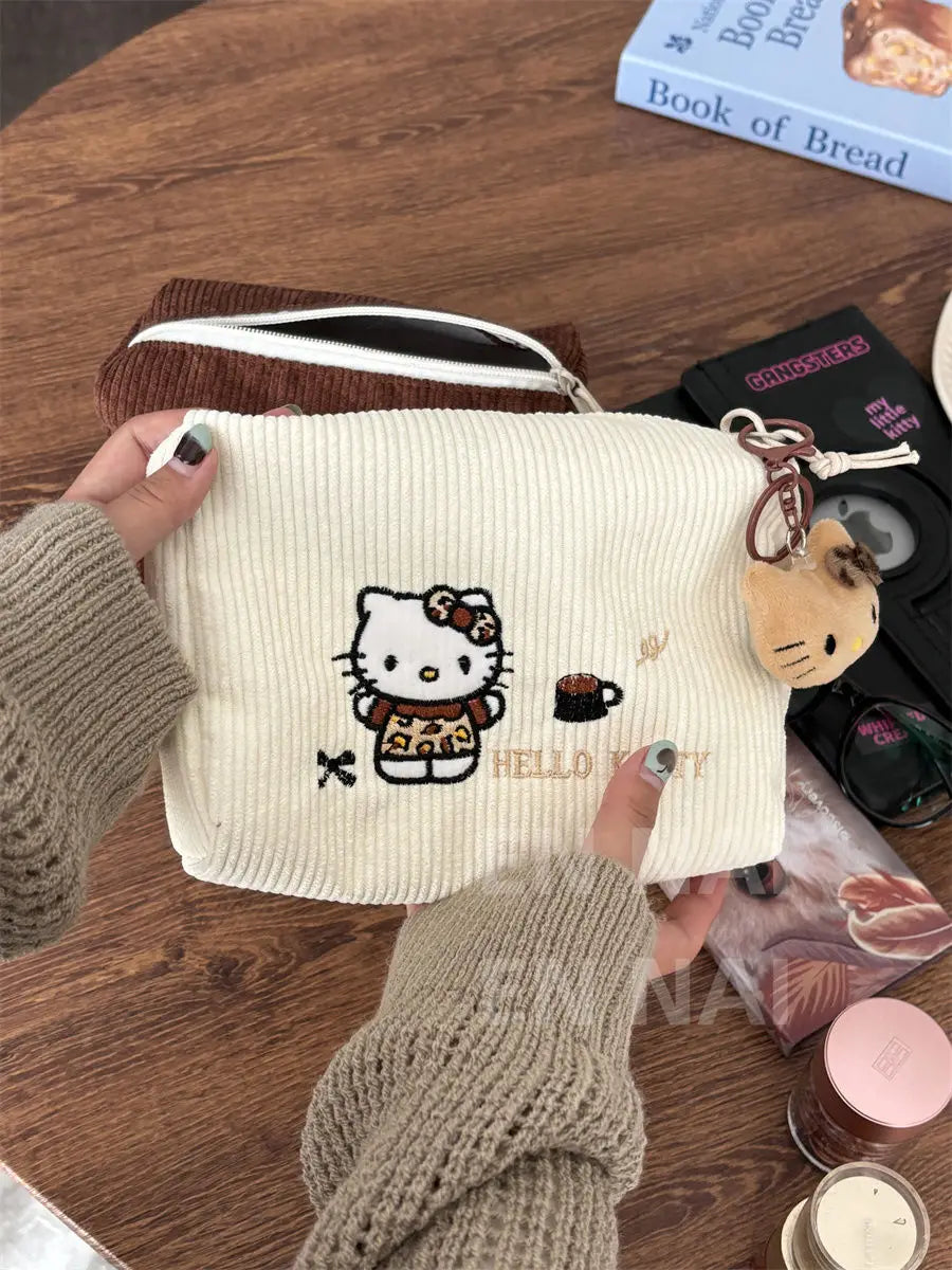 Hello Kitty Embroidered Handheld Corduroy Makeup Bag Large Capacity Qme