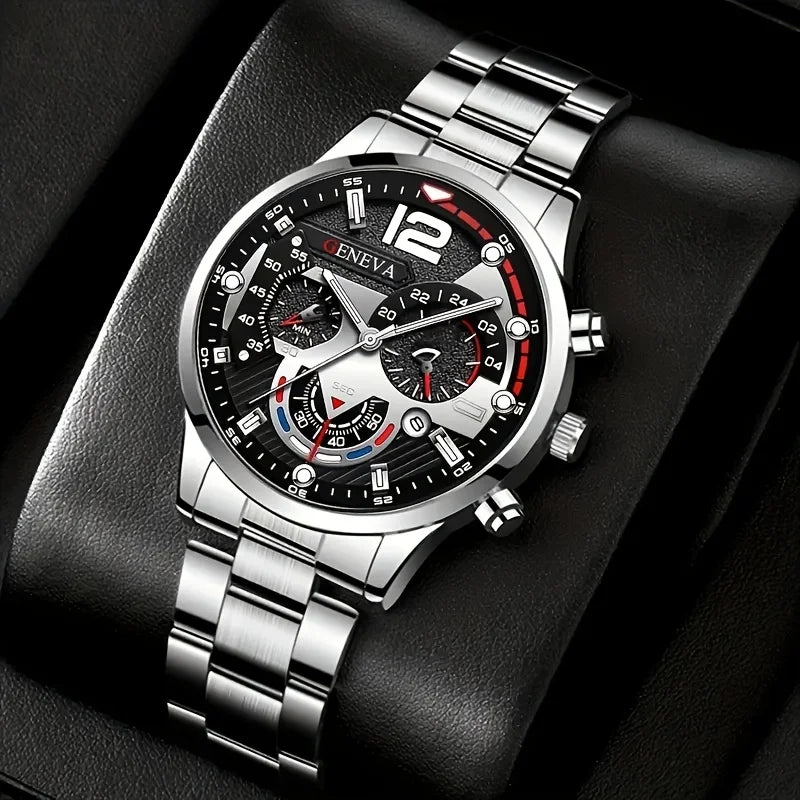 4pcs men's fashion watch set quartz sport, round zinc alloy case, imitation leather strap and stainless steel strap quartz watch Qme