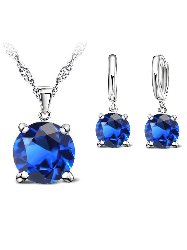 Real 925 Sterling Silver Color Earrings CZ Crystal Classic Round Earrings For Women Wedding Engagement Fashion Brand Jewelry Qme Blue