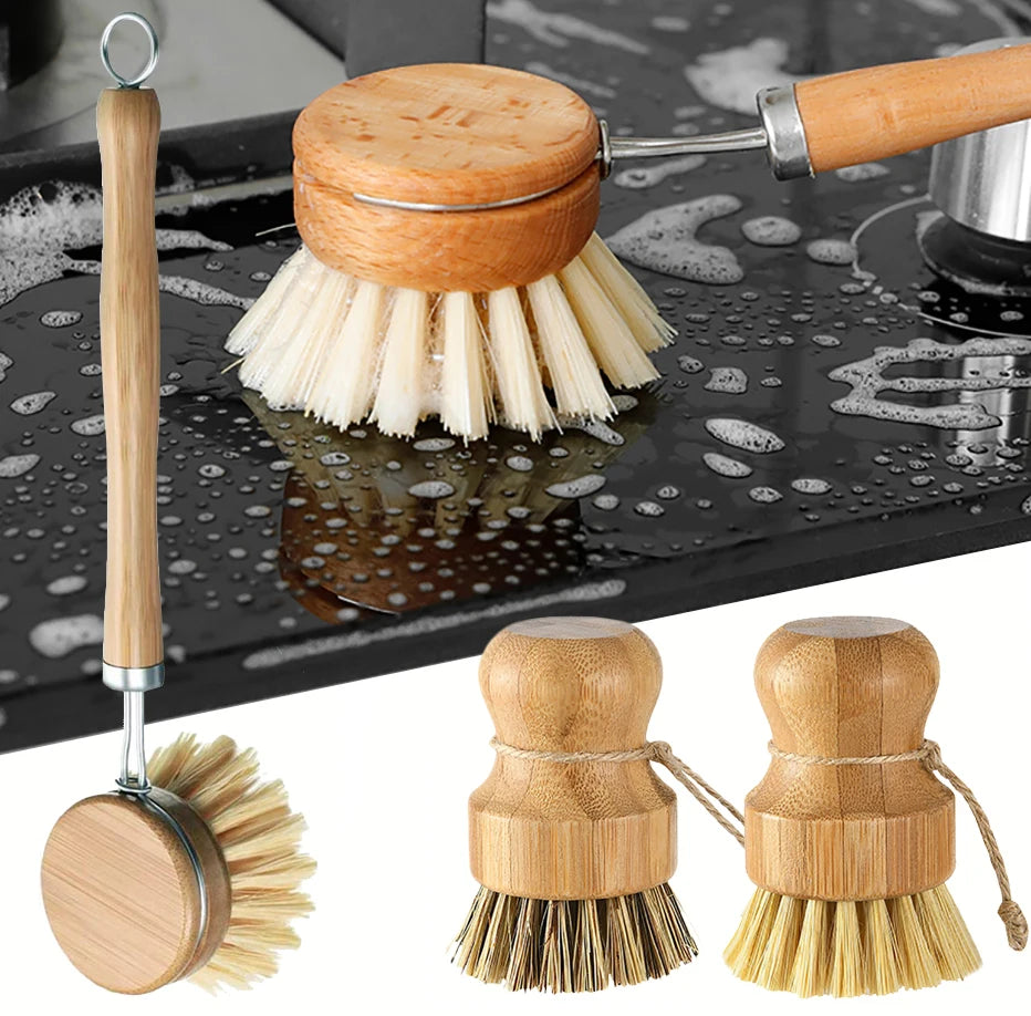 Bamboo Kitchen Cleaning Brush Natural Dishes Pots Pans Sink Washing Brush Eco-friendly Clean Scrubber with Draining Storage Tray Qme