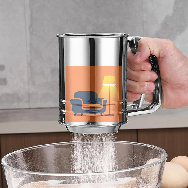 Stainless Steel Flour Sieve Cup Powder Sieve Mesh Kitchen Gadget For Cakes Hand-Screened Sugar Mesh Sieve Baking Sieve Strainer Qme