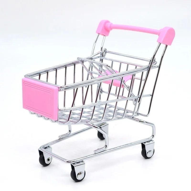 1:48 Mini Supermarket Shopping Trolley Cart Desktop Model Toy for Children Home Decoration Miniature Toy Qme Pink