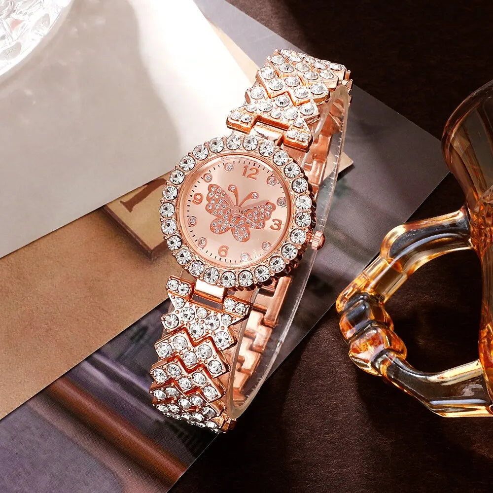 6pcs Fashion Crystal Butterfly Women's Watch Qme