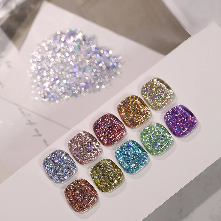 10 Colors Holographic Glitter Gel Nail Polish Spring Color Sparkling Sequins Soak Off Uv Led Varnish Nail Art Diy Qme
