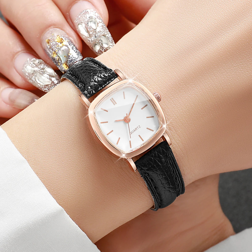 Women's Minimalist Square Quartz Watch, Rose Gold Tone Case with Brown Leather Strap, Casual Fashion Accessory Qme