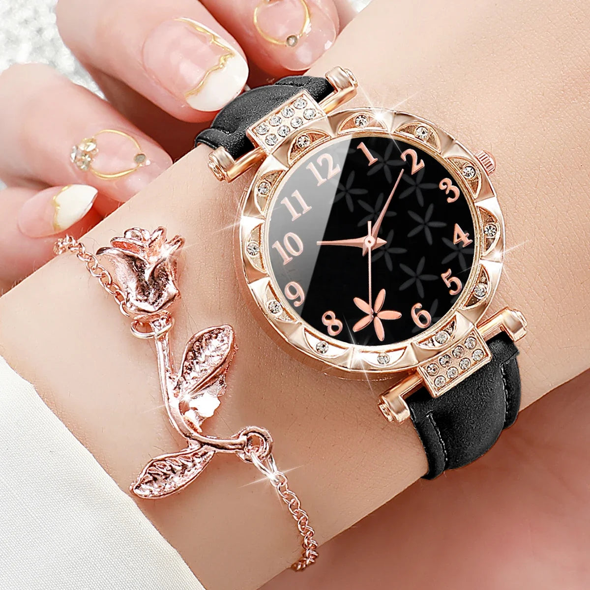 2 Pçs/set Moda Flor Dial Relógio Feminino Pulseira de Couro Analógico Relógios de Quartzo Rosa BraceletSet (Sem Caixa) Qme