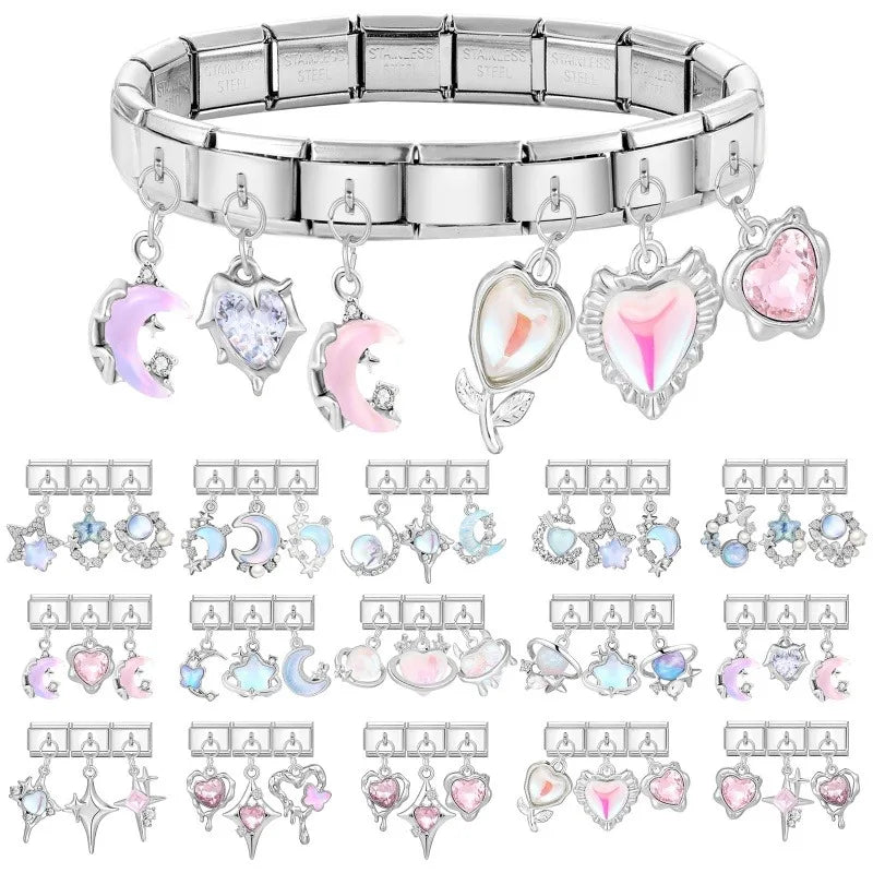 2026 3PCS Beautiful Blue Moon Heart Starfish Italian Charms Link 9mm Modular Bracelet Stainless Steel DIY Gift Jewelry Wholesale Qme