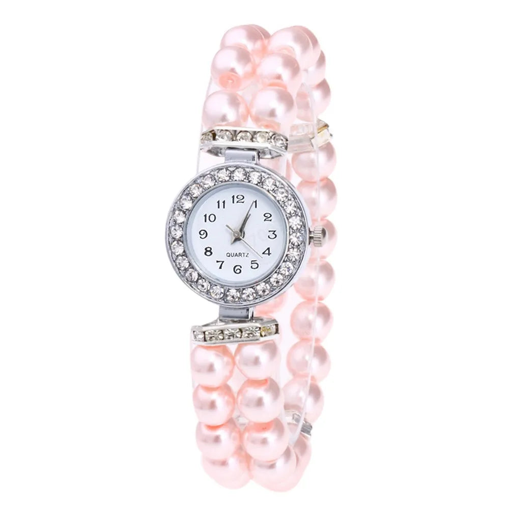 Fashionable And Versatile Exquisite Luxury Ladies’ Pearl Chain Round Dial Diamond Edge Embroider Quartz Watch Suitable For Party Qme