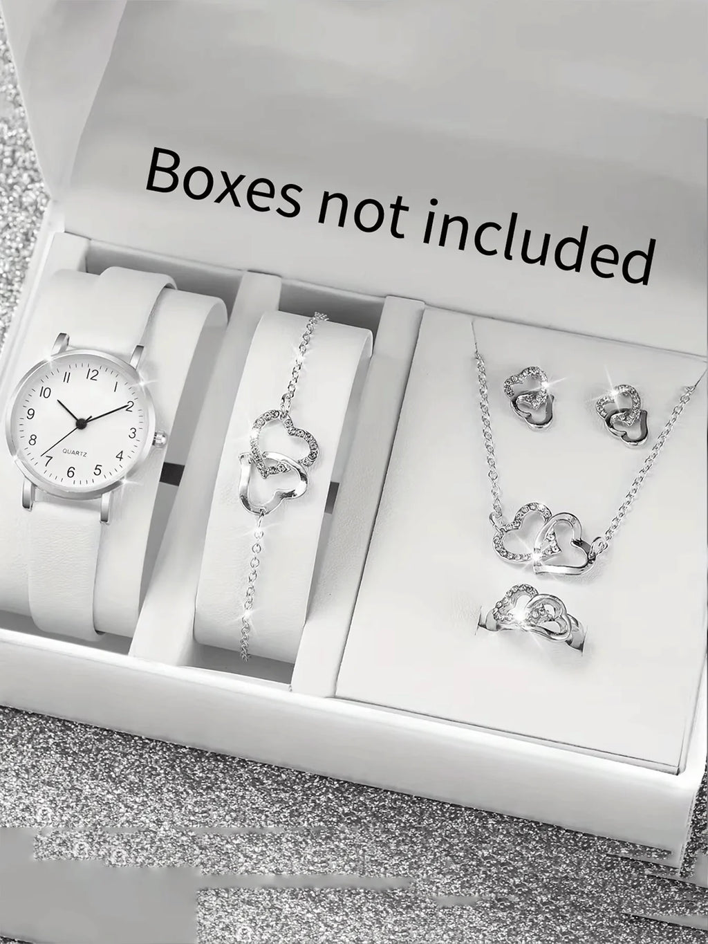 5Pcs Women Heart Diamond Jewelry Set, White Leather Quartz Watch + Necklace Earrings Bracelet Ring Gift Kit Qme WHITE No